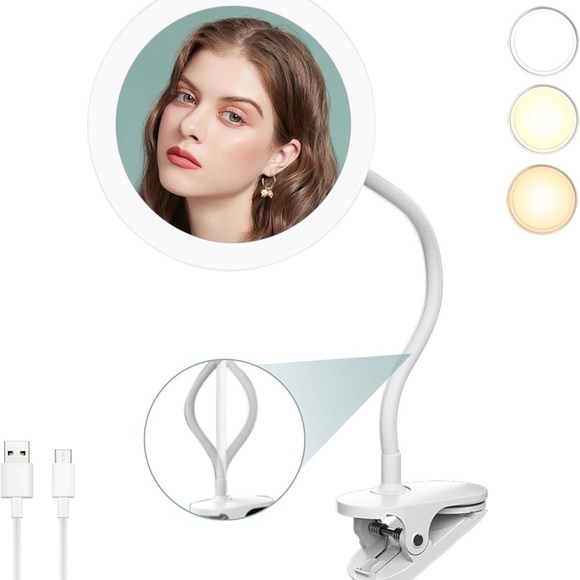 Other - 6.5" Clip On Gooseneck Makeup Vanity Mirror With Light, 2000mAh USB Lighted Trav